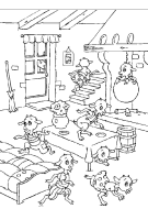 A coloring page of the wolf and the seven little goats